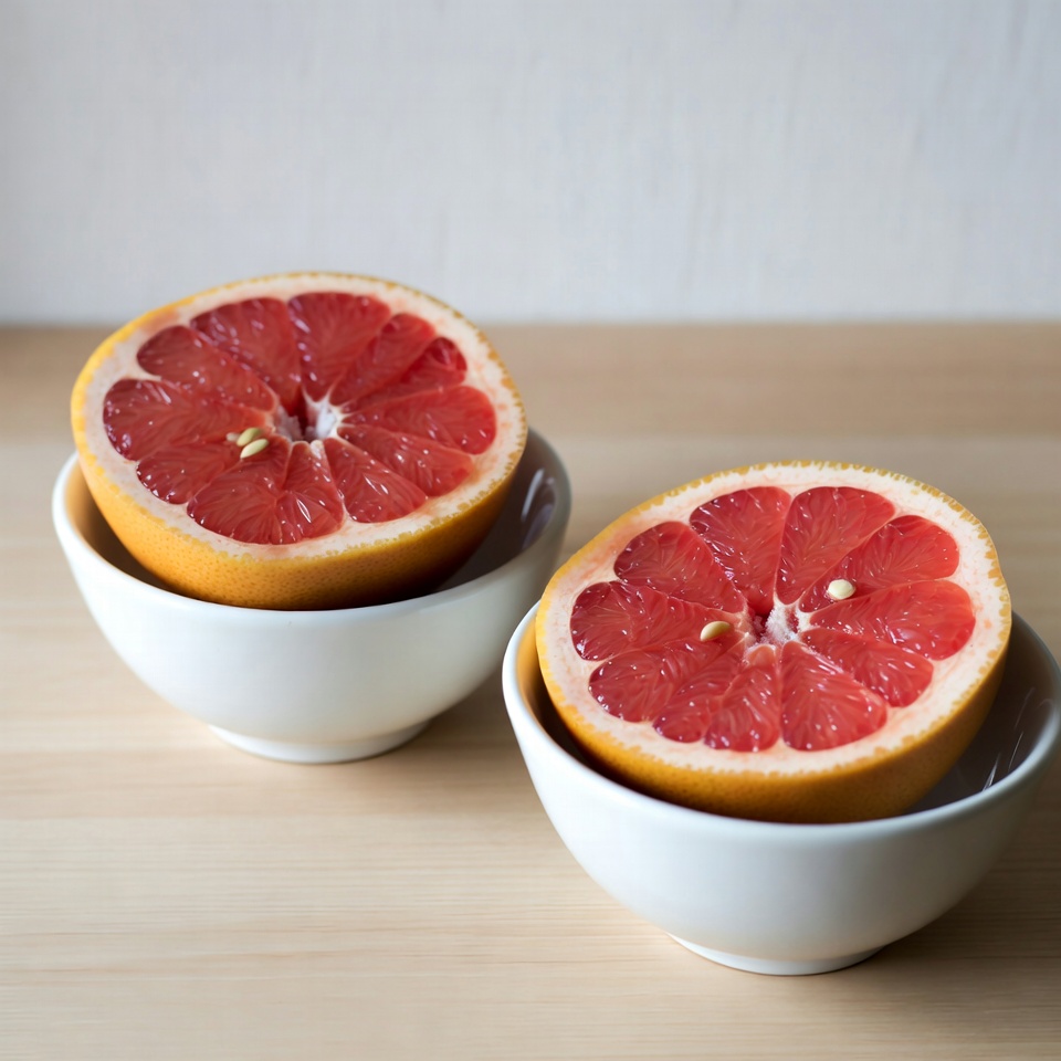 Two Halved Grapefruits in White Bowls Two Halved Grapefruits in White Bowls