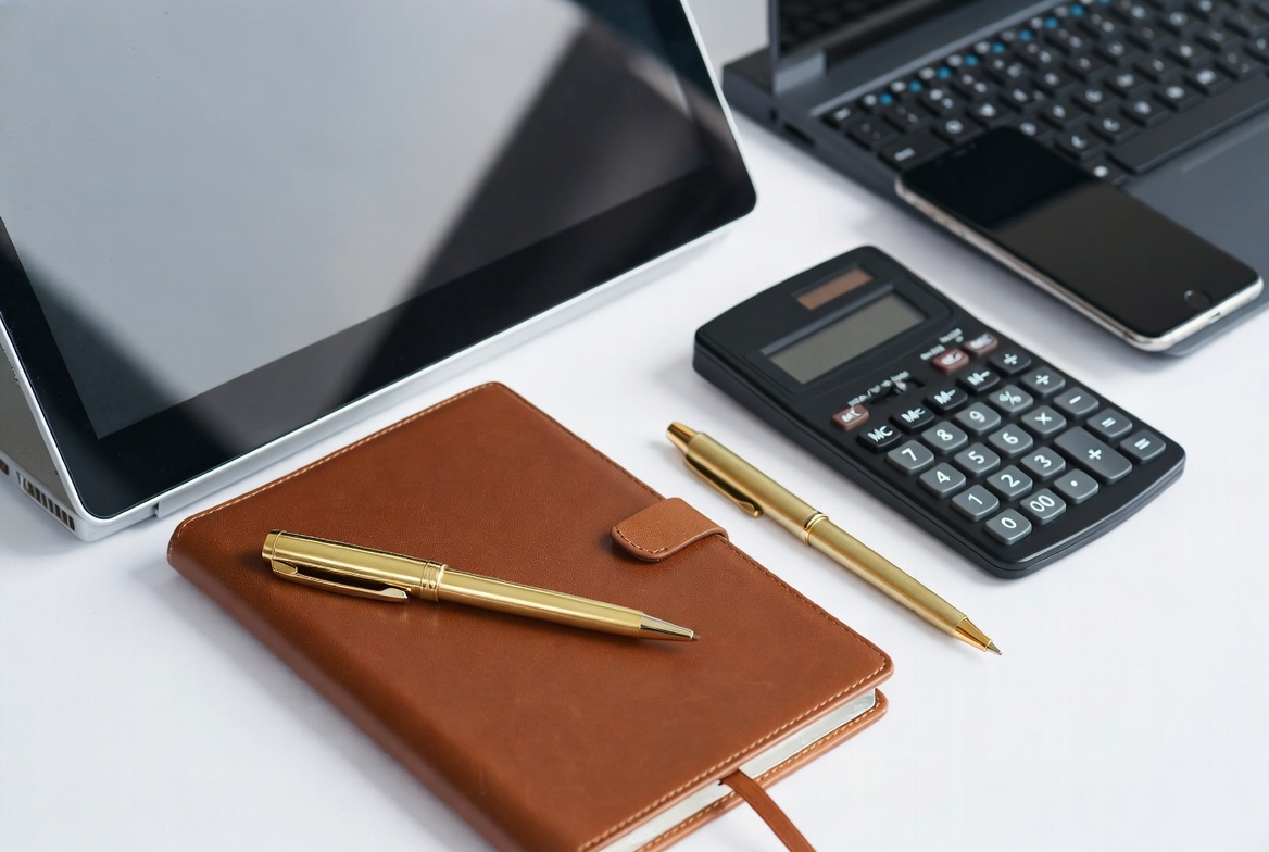 Notebook, Calculator, Pens on Desk Notebook, Calculator, Pens on Desk