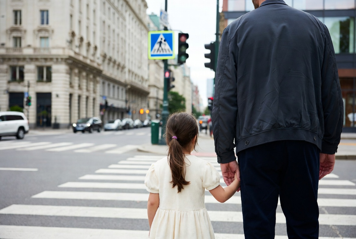 Father holding daughter's hand at crosswalk Father holding daughter's hand at crosswalk