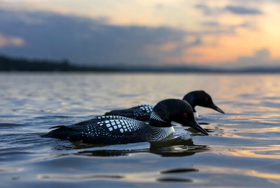 Two Common Loons Swimming on Lake Two Common Loons Swimming on Lake