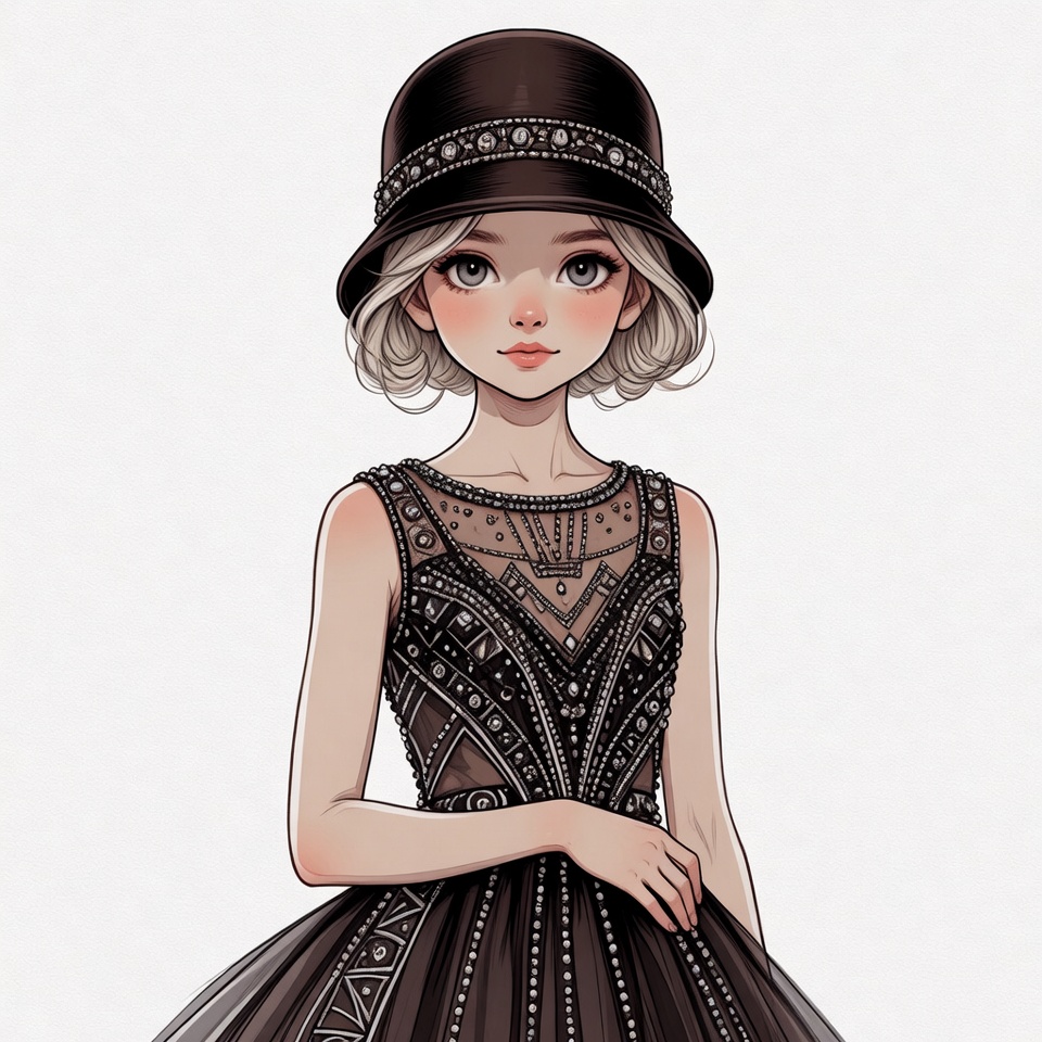 Woman in Beaded Flapper Dress and Cloche Hat Woman in Beaded Flapper Dress and Cloche Hat