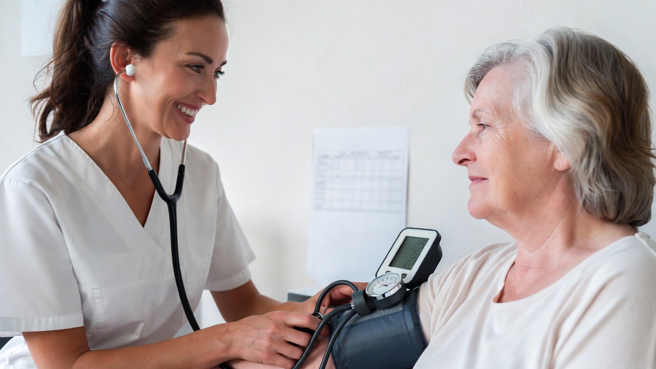 Nurse checking elderly woman's blood pressure Nurse checking elderly woman's blood pressure