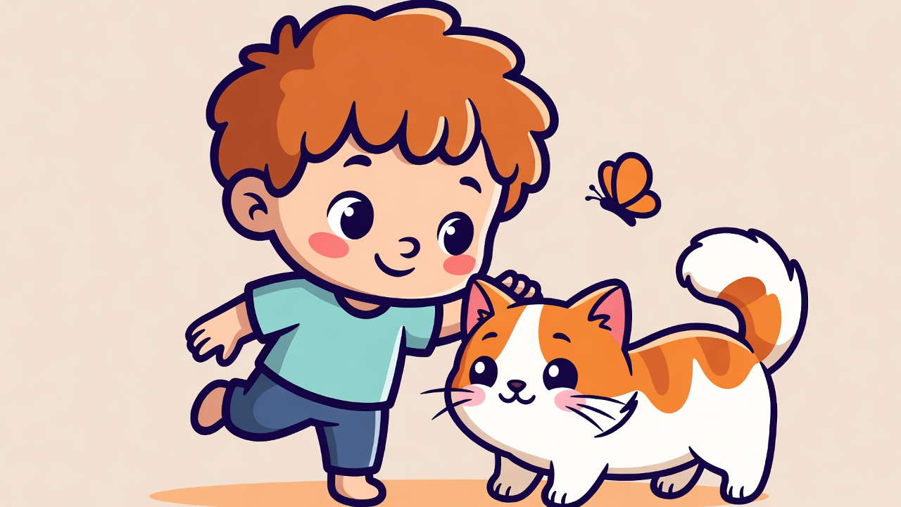 Boy petting cat with butterfly Boy petting cat with butterfly
