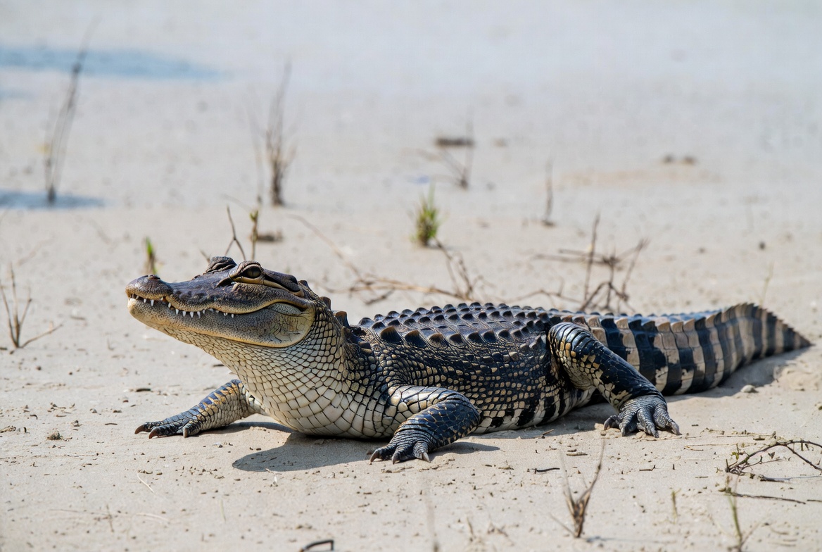 American alligator on sandy shore American alligator on sandy shore