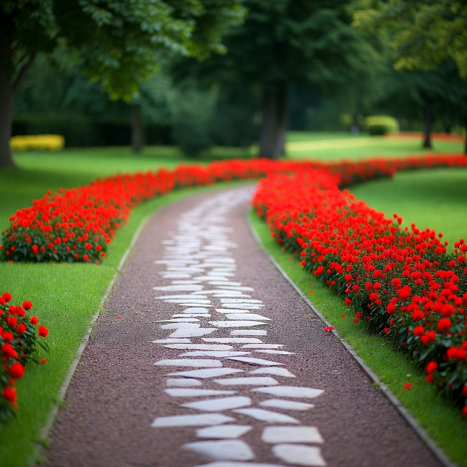 Red Flowers Lining Stone Garden Path Red Flowers Lining Stone Garden Path