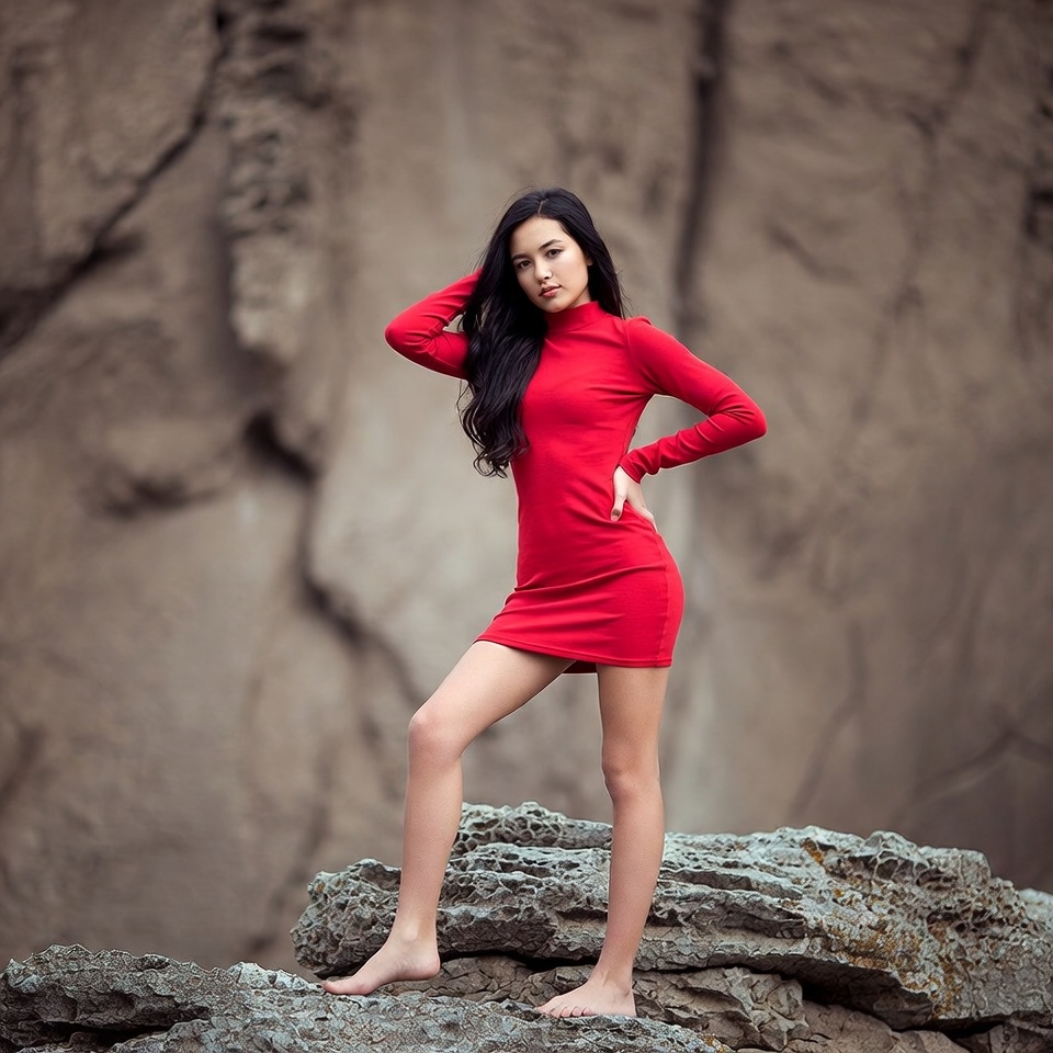 Asian woman in red dress on rocks Asian woman in red dress on rocks
