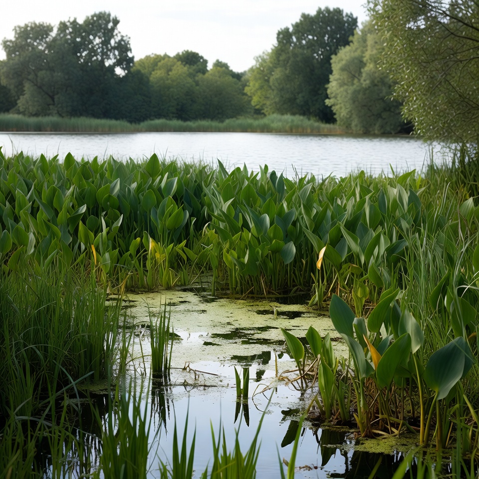 Lush green reeds by lake shore Lush green reeds by lake shore