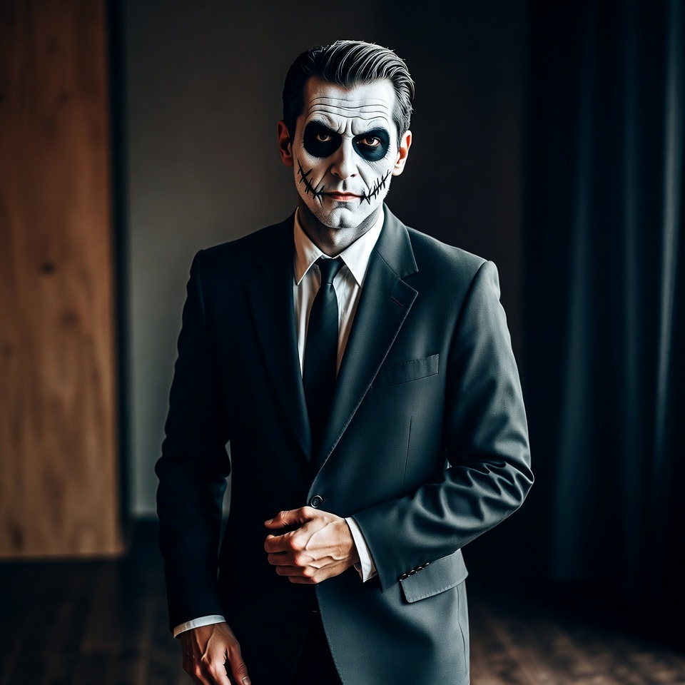 Man in skeleton face paint suit Man in skeleton face paint suit