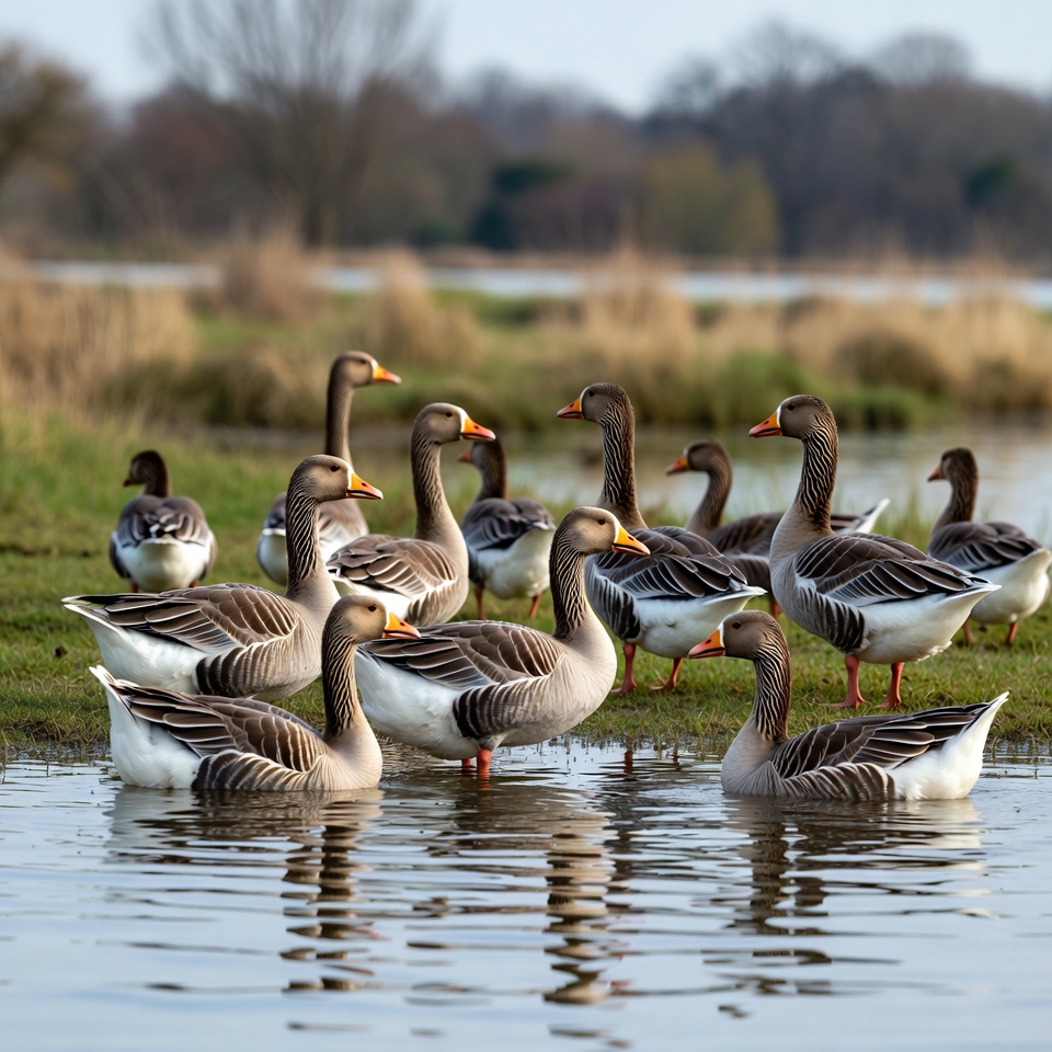 Flock of Greylag Geese by Water Flock of Greylag Geese by Water