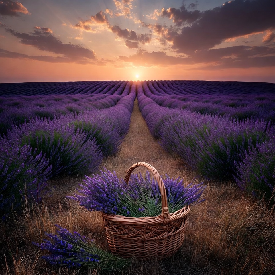 Lavender Field Basket at Sunset Lavender Field Basket at Sunset