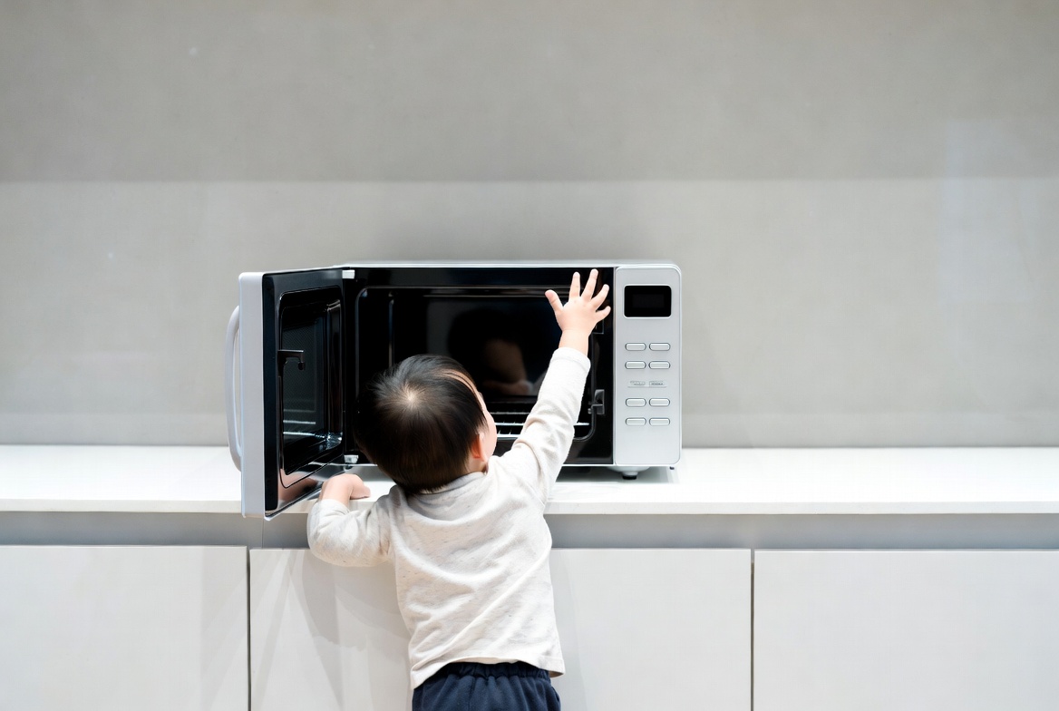 Toddler reaching for open microwave Toddler reaching for open microwave
