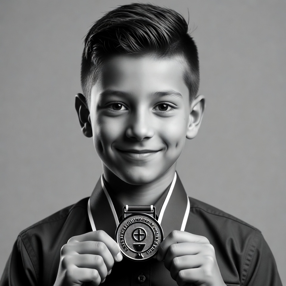 Boy holding medal Boy holding medal