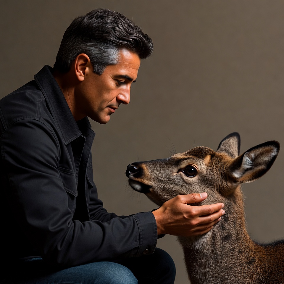 Man petting baby deer Man petting baby deer