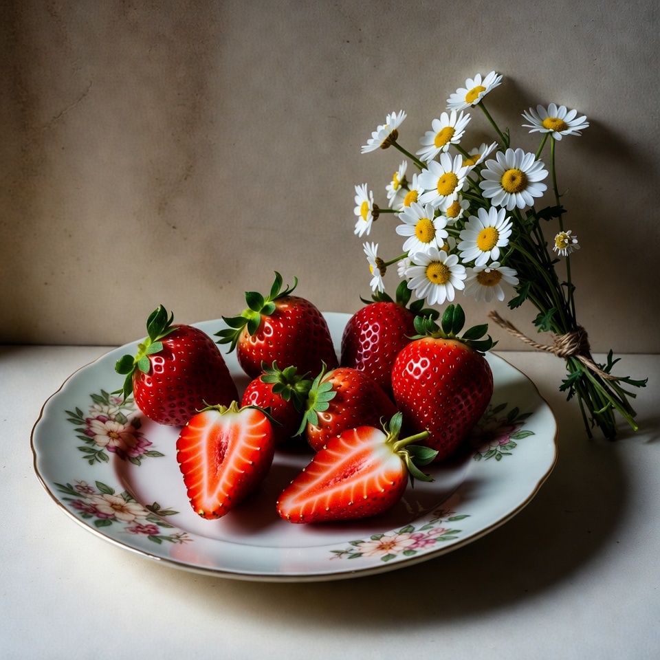 Fresh Strawberries and Daisies on Plate Fresh Strawberries and Daisies on Plate