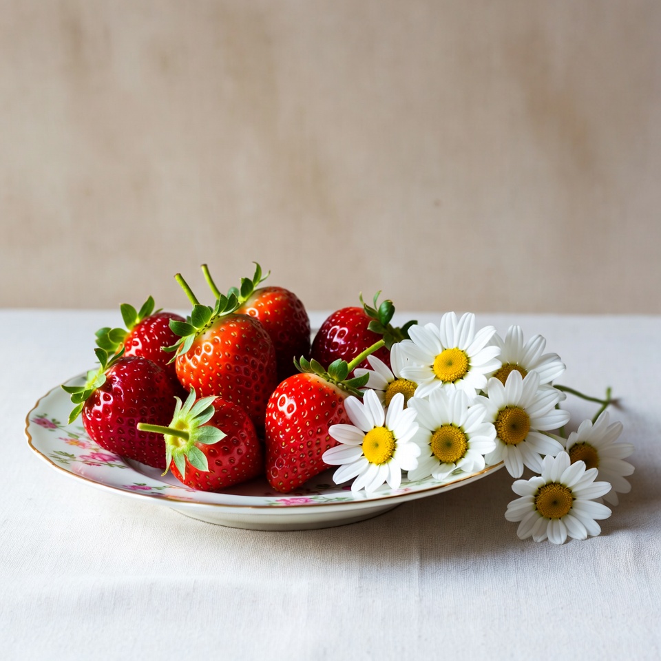 Strawberries and Daisies on Plate Strawberries and Daisies on Plate