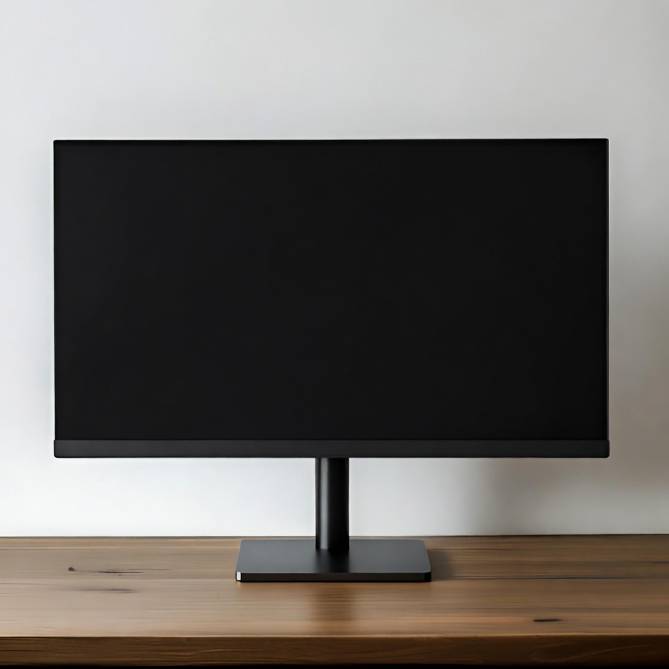 Black monitor on wooden desk Black monitor on wooden desk