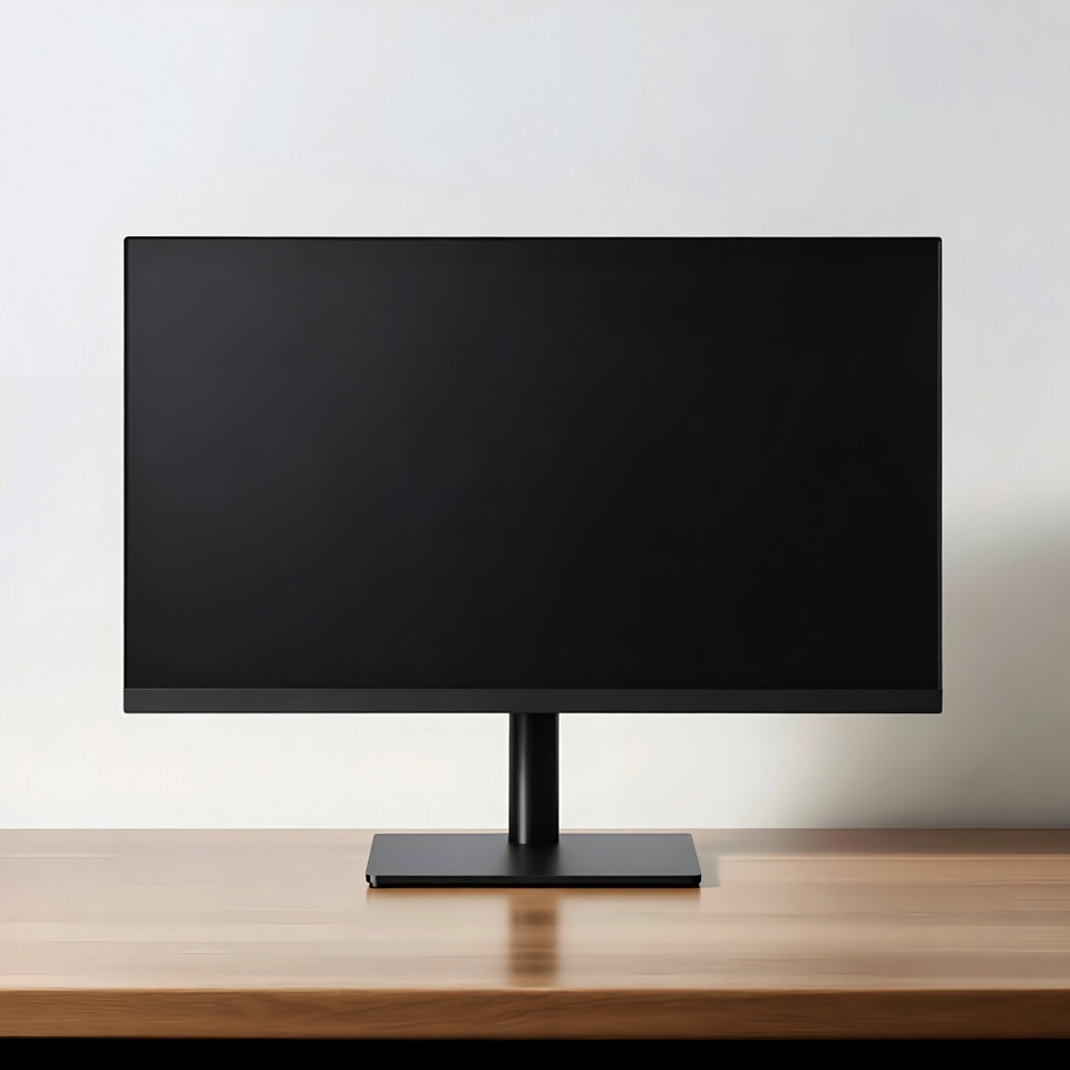 Black monitor on wooden desk Black monitor on wooden desk