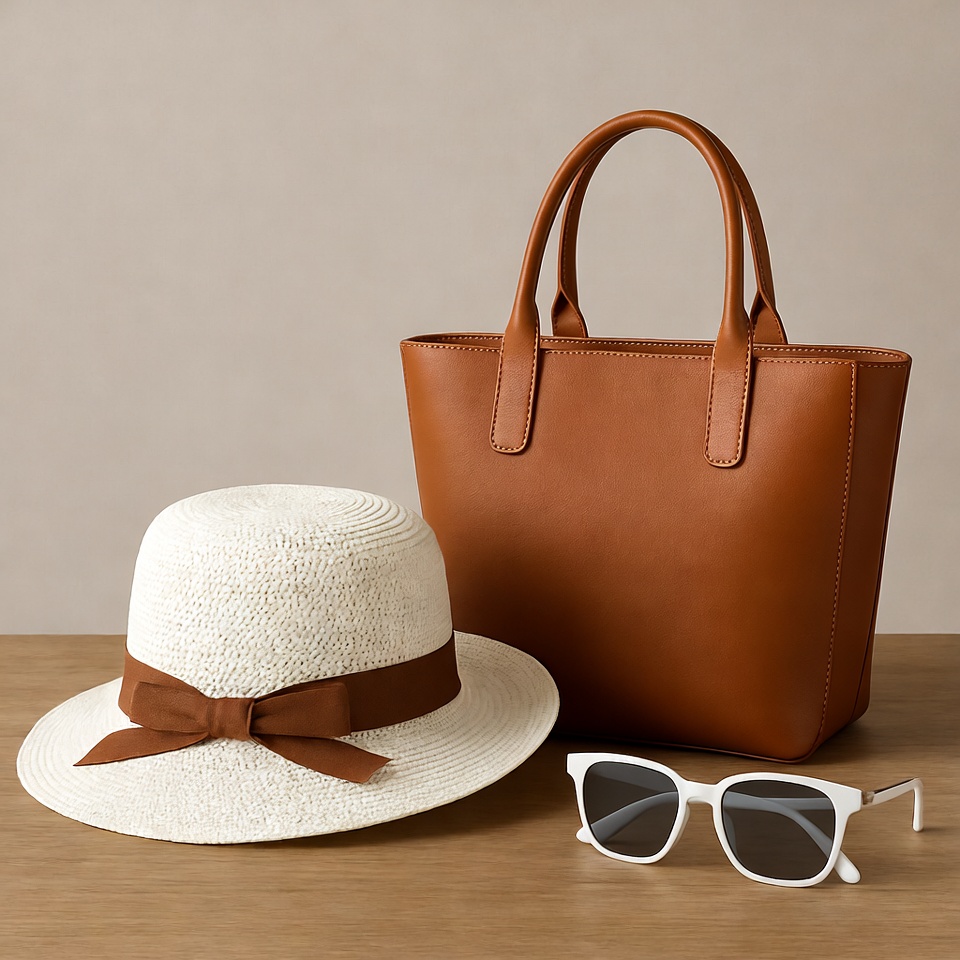 White Straw Hat Brown Handbag Sunglasses White Straw Hat Brown Handbag Sunglasses