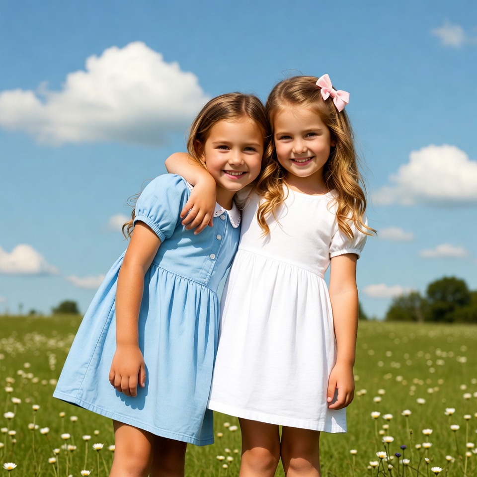 Two girls hugging in flower field Two girls hugging in flower field