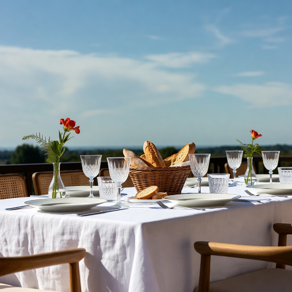 Outdoor Table Set with Bread and Wine Glasses Outdoor Table Set with Bread and Wine Glasses