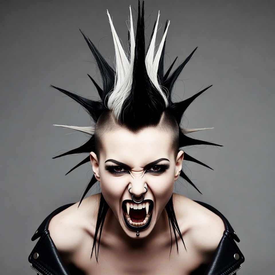 Woman with punk mohawk growling fangs Woman with punk mohawk growling fangs
