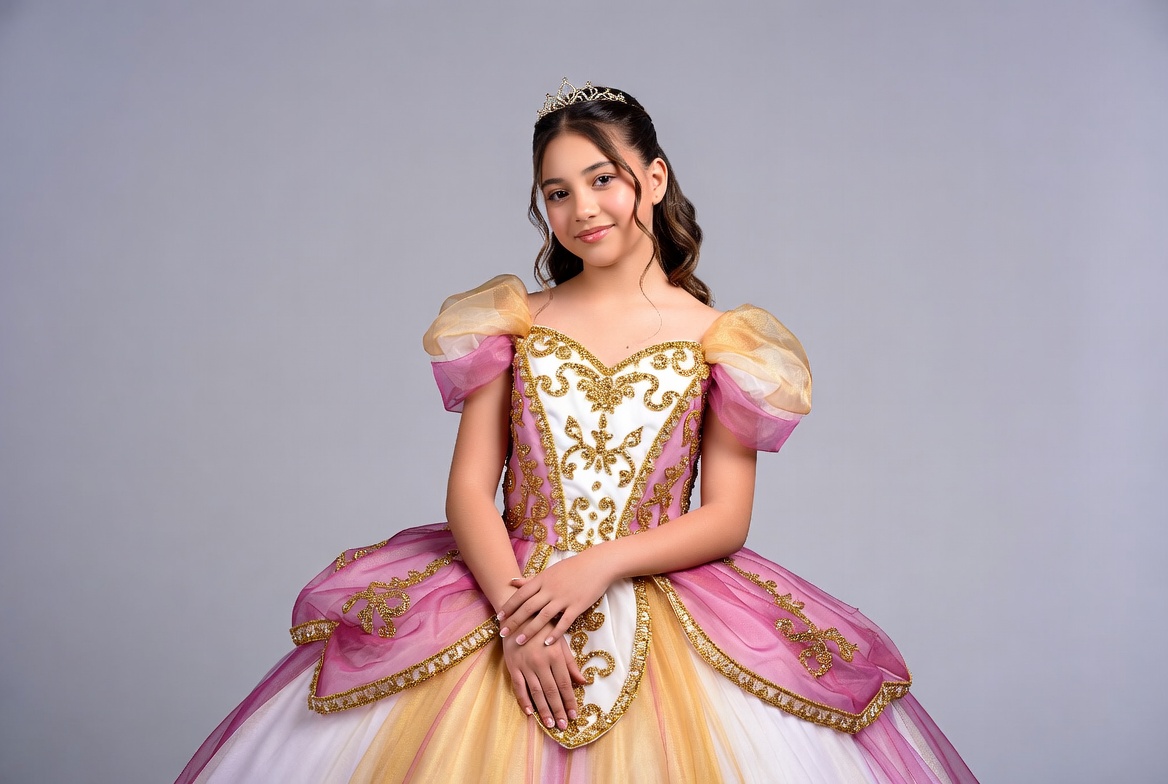 Girl in gold pink quinceanera gown Girl in gold pink quinceanera gown