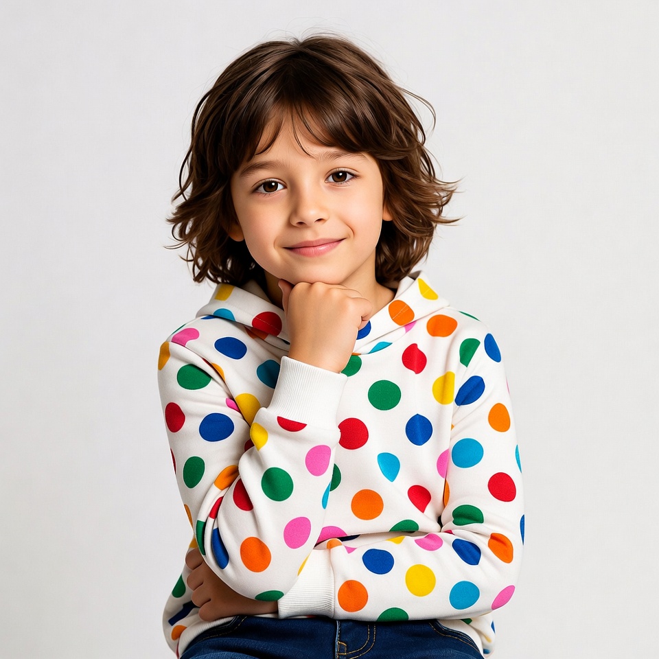 Boy in colorful polka dot hoodie Boy in colorful polka dot hoodie