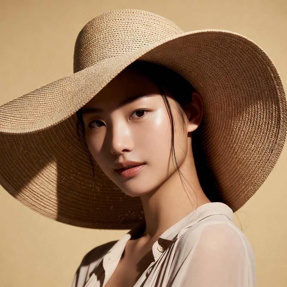 Asian woman wearing wide-brim straw hat Asian woman wearing wide-brim straw hat