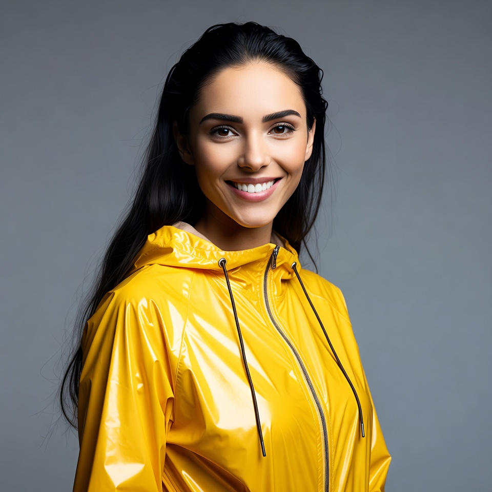 Smiling woman in yellow raincoat Smiling woman in yellow raincoat