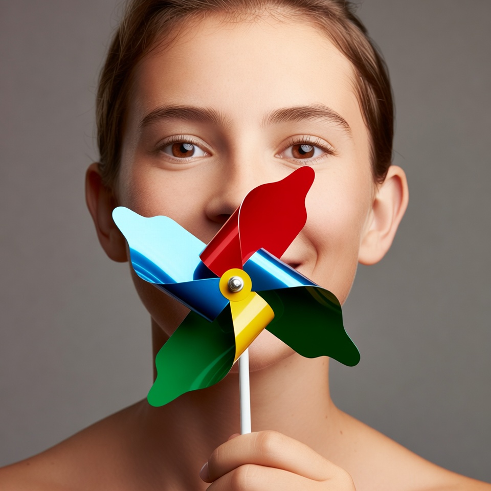 Girl smiling behind colorful pinwheel Girl smiling behind colorful pinwheel