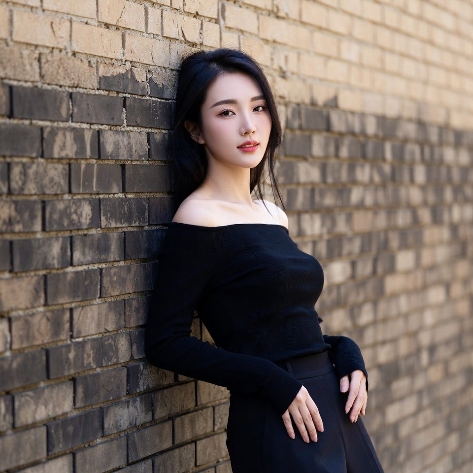 Asian woman leaning against brick wall Asian woman leaning against brick wall