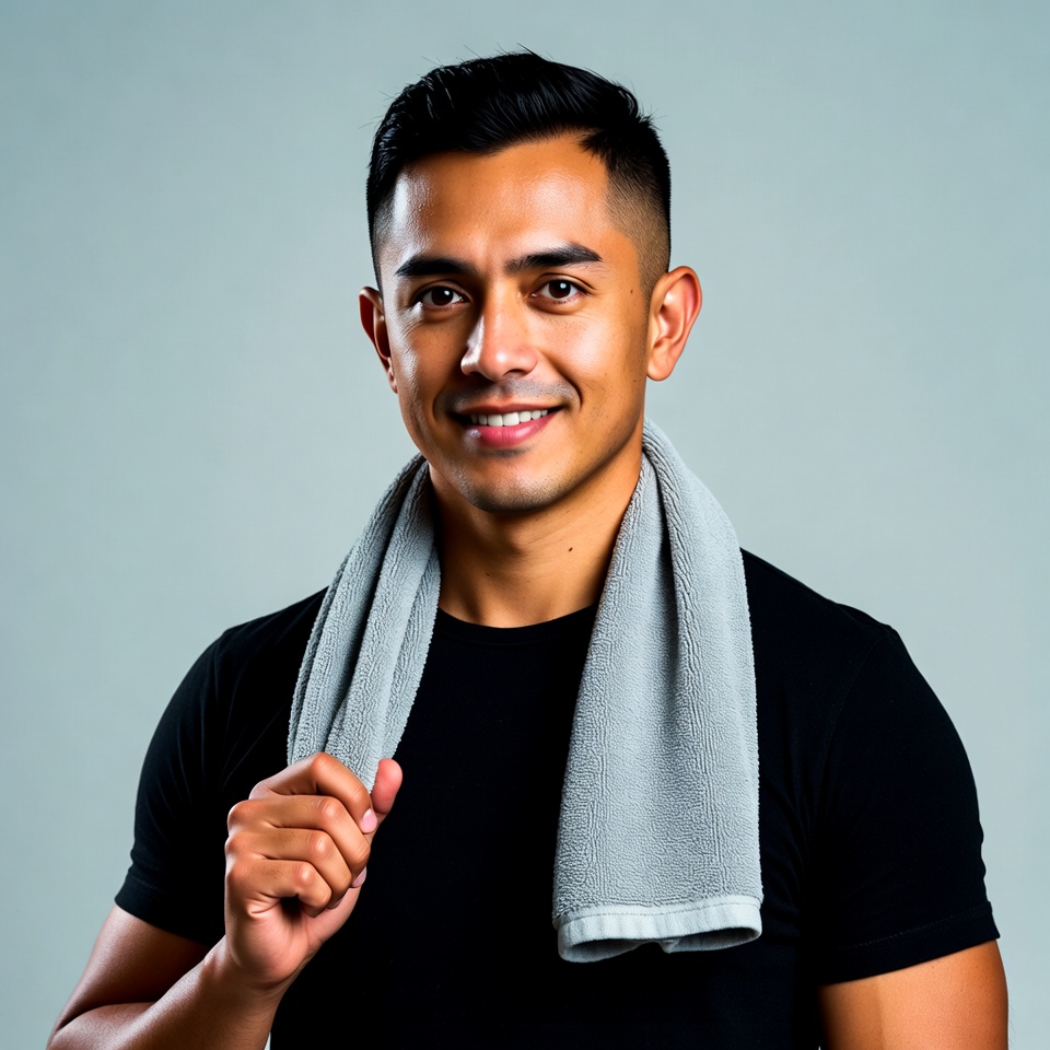 Smiling Latino man with towel Smiling Latino man with towel