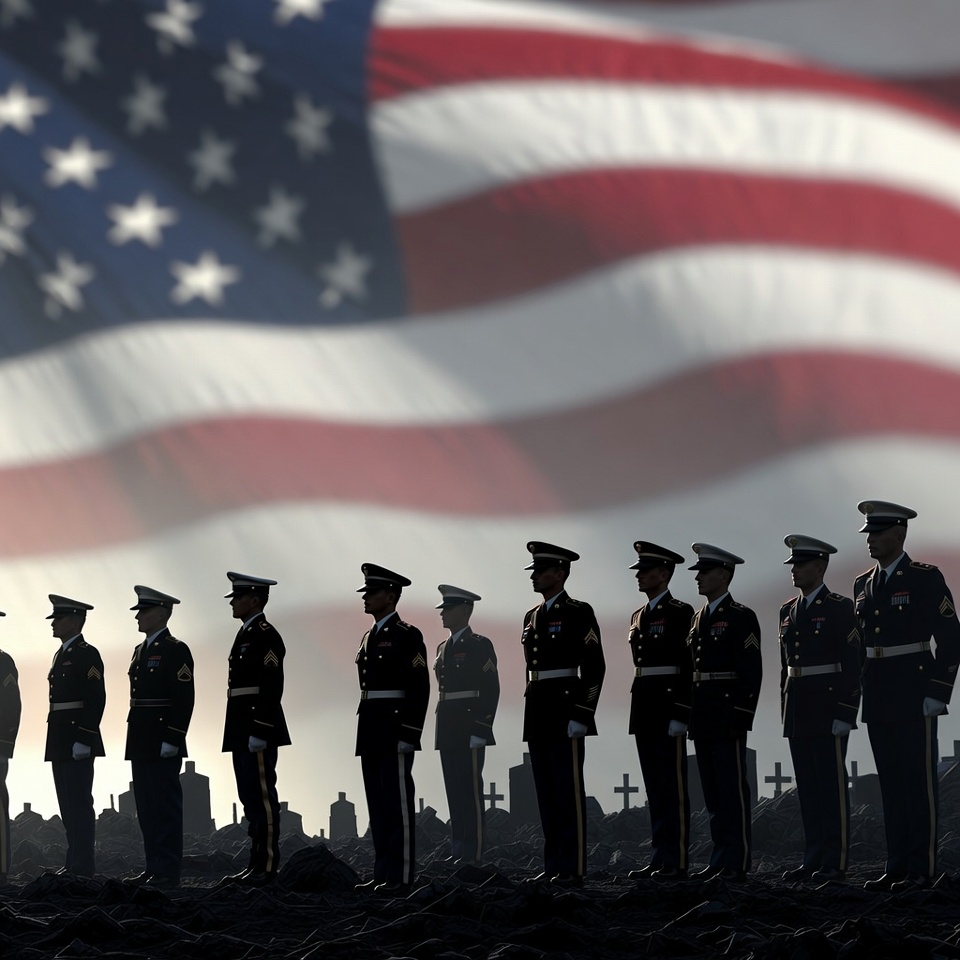 Silhouetted Soldiers Before American Flag and Graves Silhouetted Soldiers Before American Flag and Graves