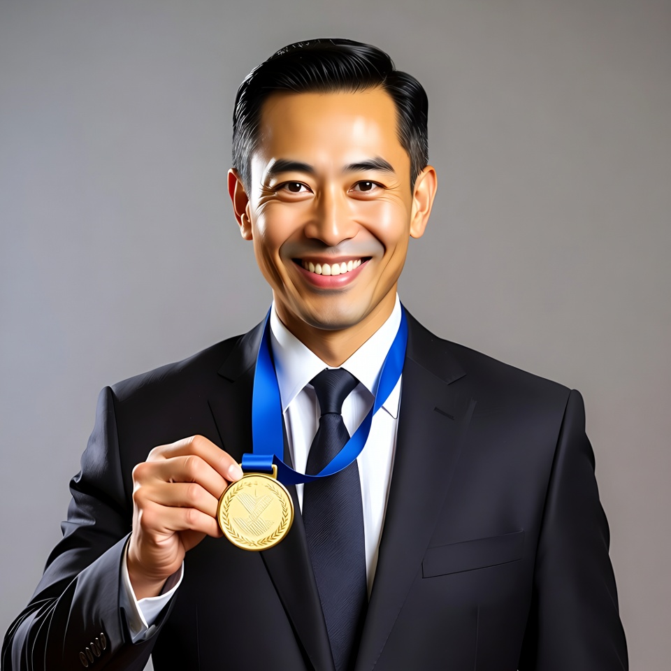 Asian man holding gold medal Asian man holding gold medal