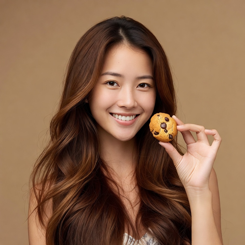 Asian woman holding chocolate chip cookie Asian woman holding chocolate chip cookie