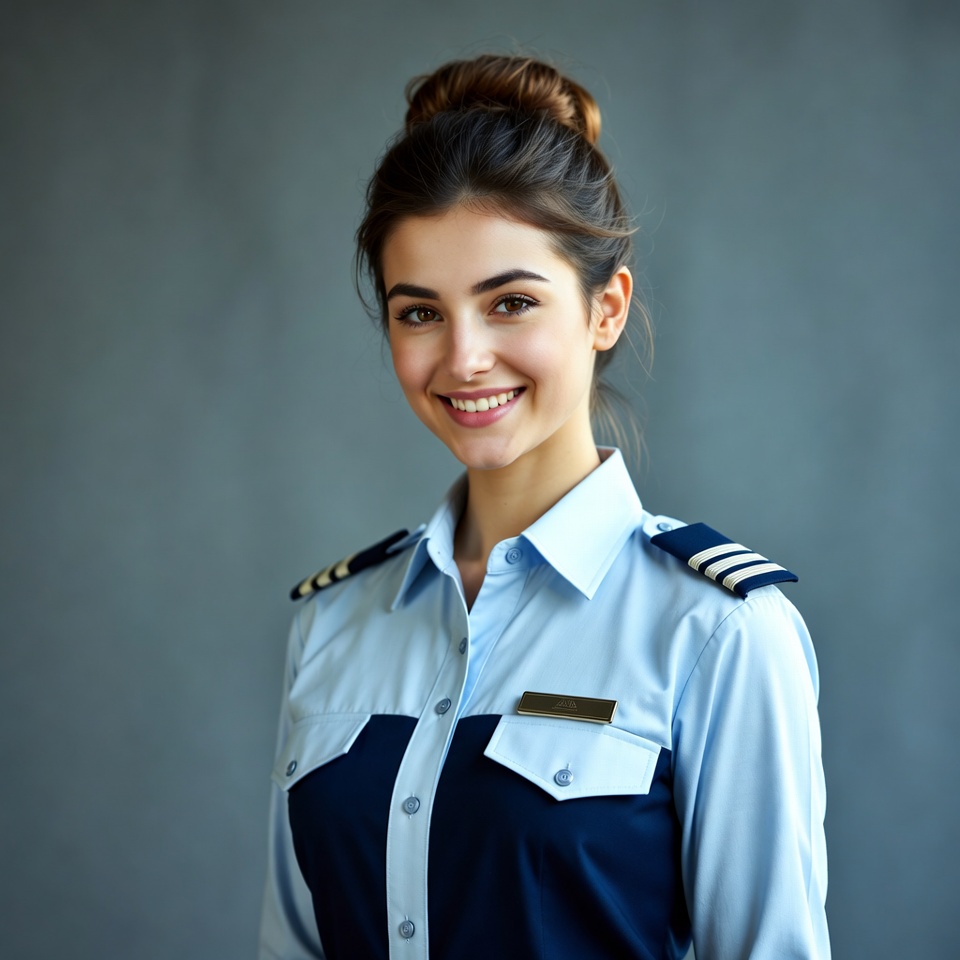Smiling woman in flight attendant uniform Smiling woman in flight attendant uniform
