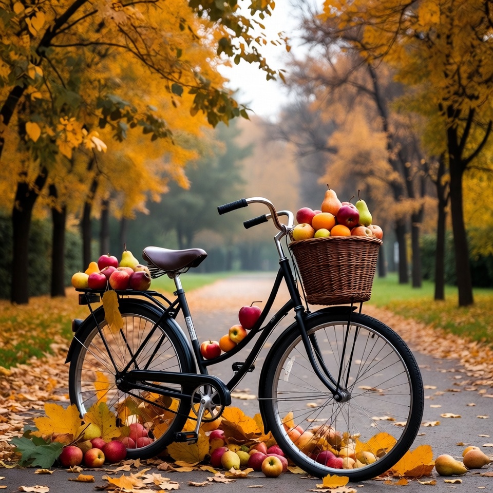 Black bicycle with apples in autumn alley Black bicycle with apples in autumn alley