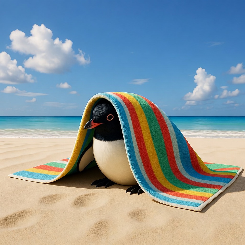 Penguin hiding under colorful beach towel Penguin hiding under colorful beach towel