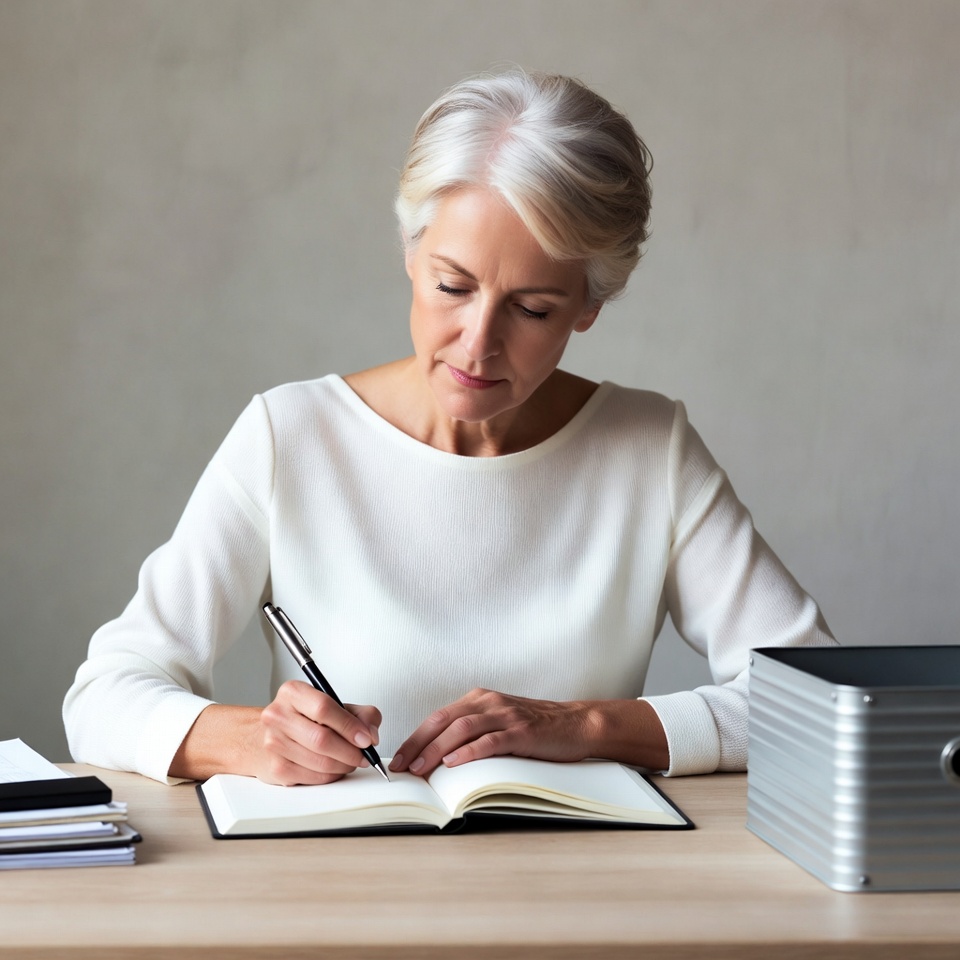 Elderly woman writing in journal Elderly woman writing in journal