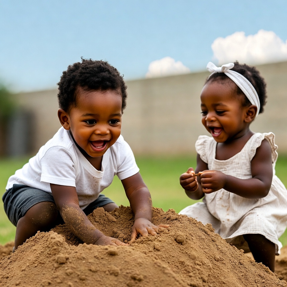 Black twin toddlers playing in sand pile Black twin toddlers playing in sand pile