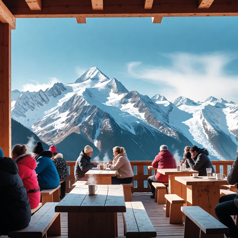People dining at mountain chalet terrace People dining at mountain chalet terrace