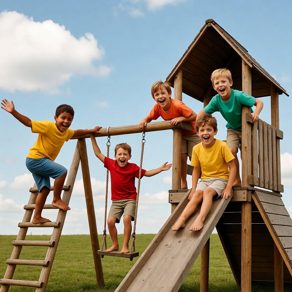 Diverse kids playing on wooden playground Diverse kids playing on wooden playground
