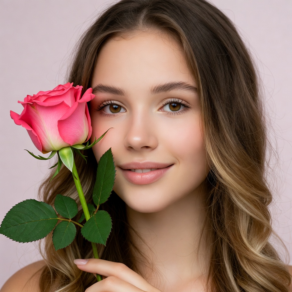 Young woman holding pink rose Young woman holding pink rose