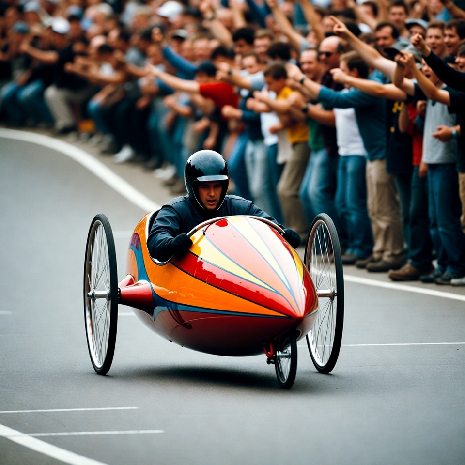 Man racing recumbent bike with cheering crowd Man racing recumbent bike with cheering crowd