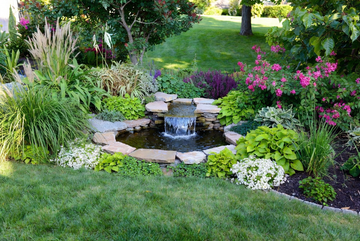Garden pond with waterfall and flowers Garden pond with waterfall and flowers