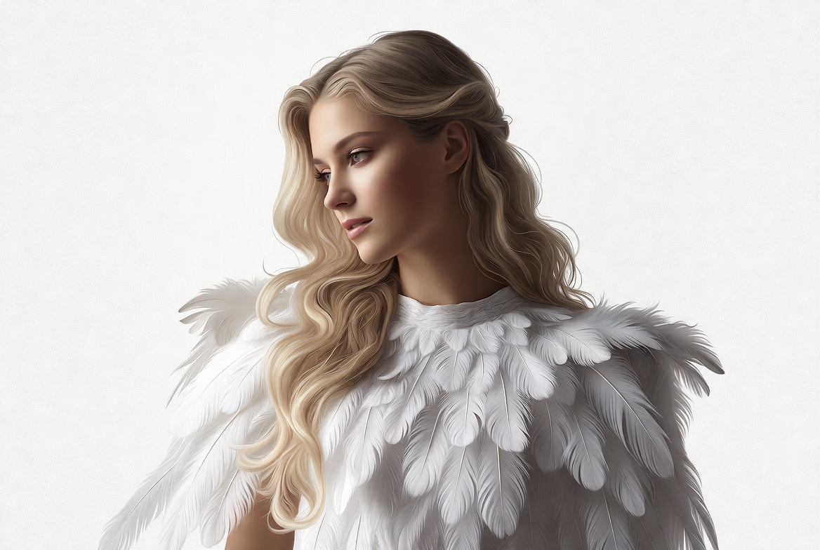 Blonde woman in feathered angel cape Blonde woman in feathered angel cape