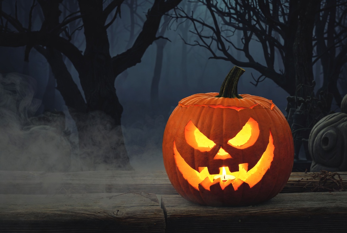 Lit Jack-o-Lantern in Foggy Forest Lit Jack-o-Lantern in Foggy Forest