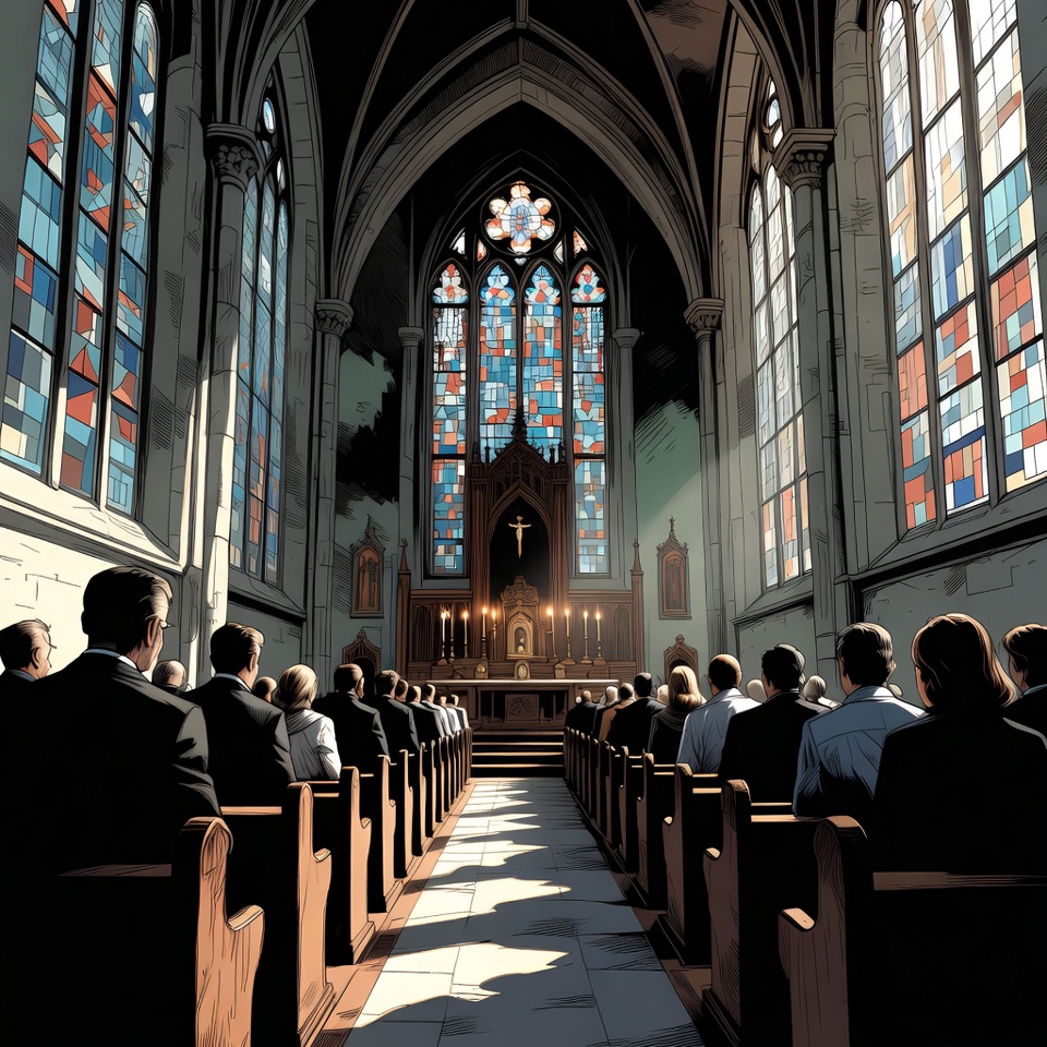 Crowd in Gothic Church with Stained Glass Crowd in Gothic Church with Stained Glass