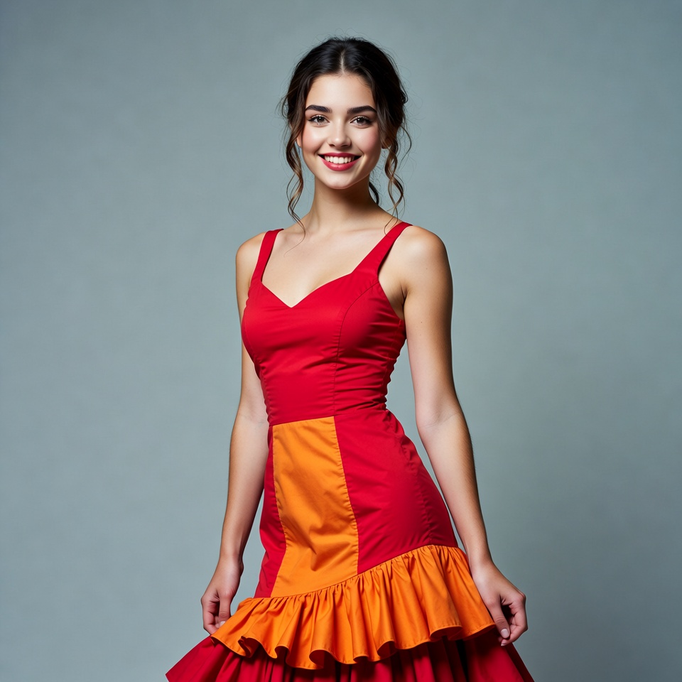 Woman in red orange ruffled dress Woman in red orange ruffled dress
