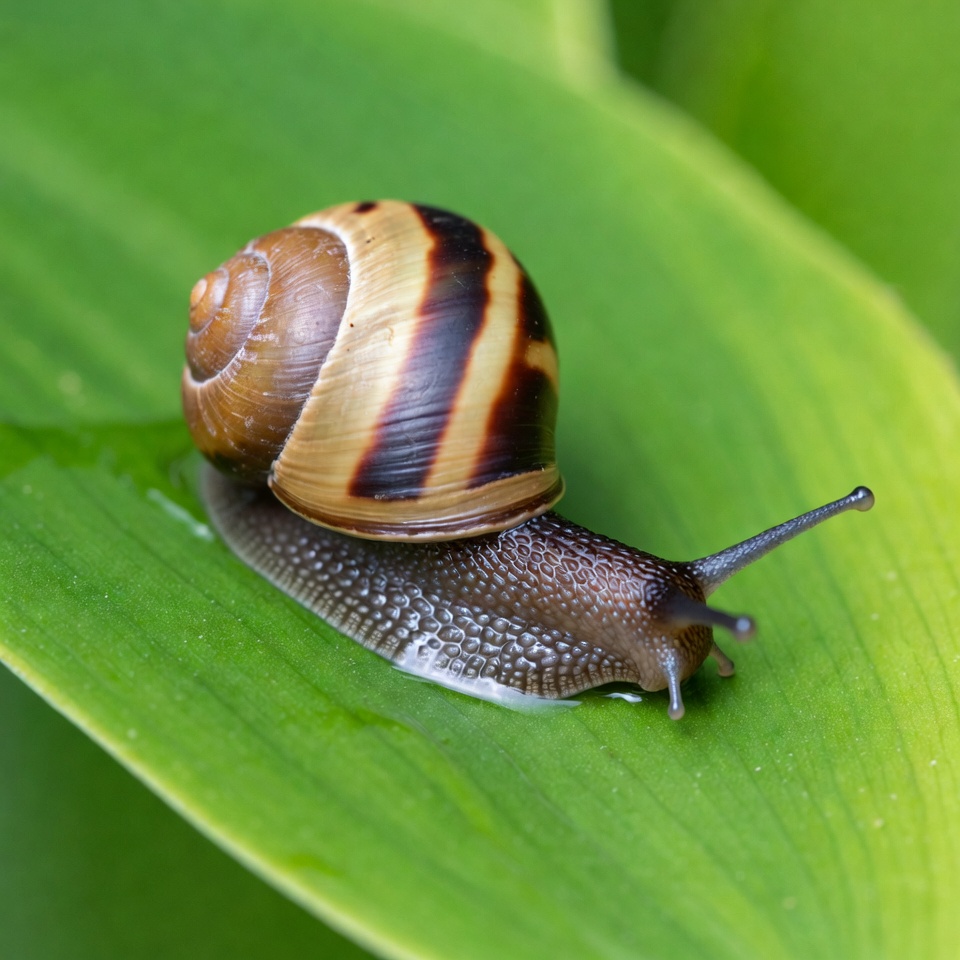 Snail crawling on green leaf Snail crawling on green leaf